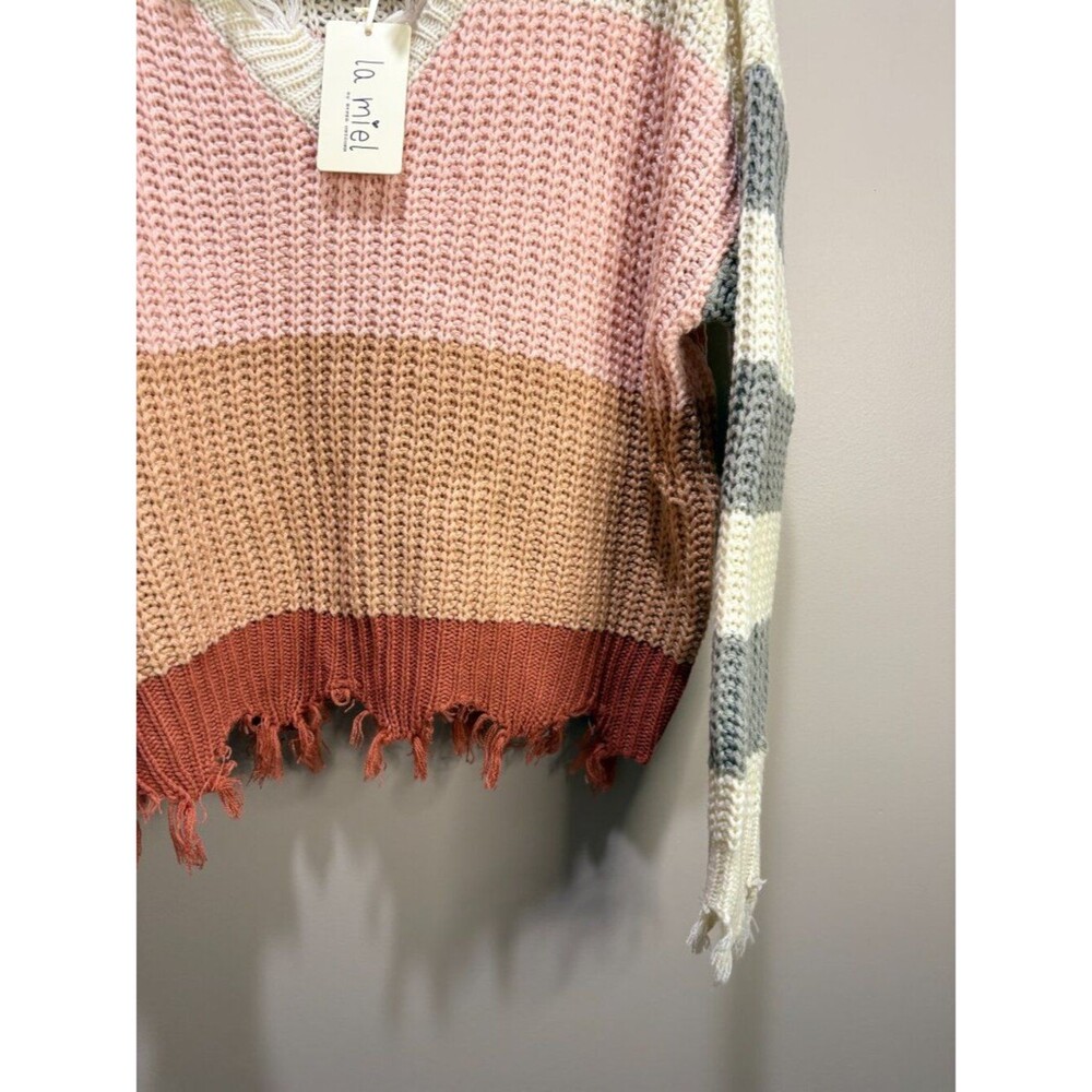 La Miel Distressed Striped V-Neck Sweater Multicolor Boho Oversized S/M - Picture 3 of 4